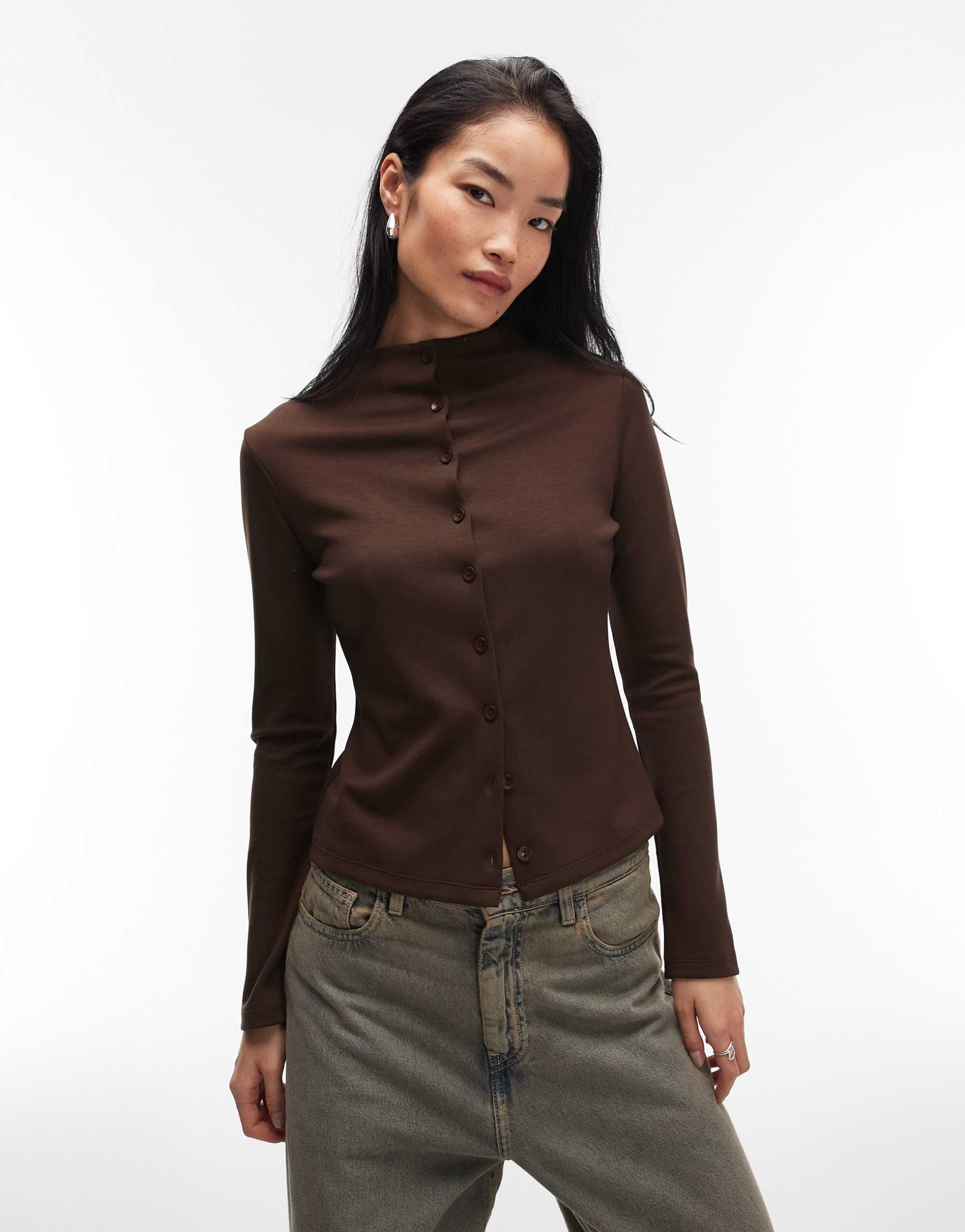 asos design long sleeve button front top in brown
