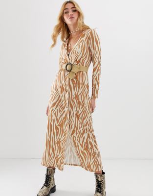 ASOS DESIGN long sleeve button through belted maxi dress with belt in zebra print-Multi