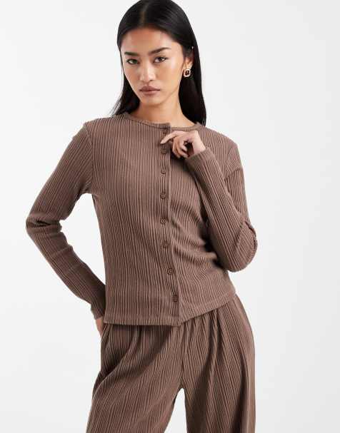 ASOS DESIGN long sleeve button-through brushed rib top in chocolate (Part of a set) - view 1