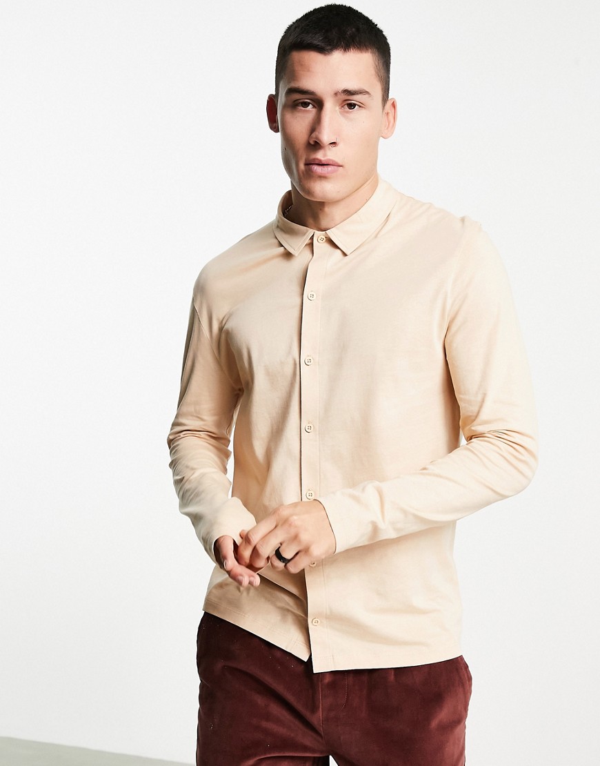 Asos Design Long Sleeve Button Through Jersey Shirt In Beige-Neutral