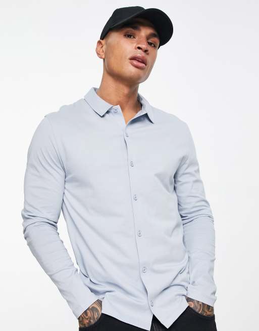 ASOS DESIGN long sleeve button through jersey shirt in blue