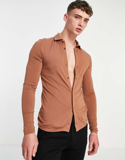 ASOS DESIGN long sleeve button through jersey shirt in brown - BROWN