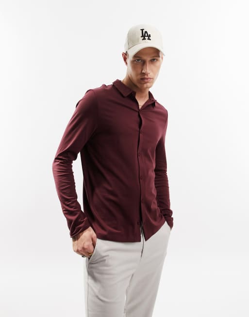 ASOS DESIGN long sleeve button through jersey shirt in burgundy