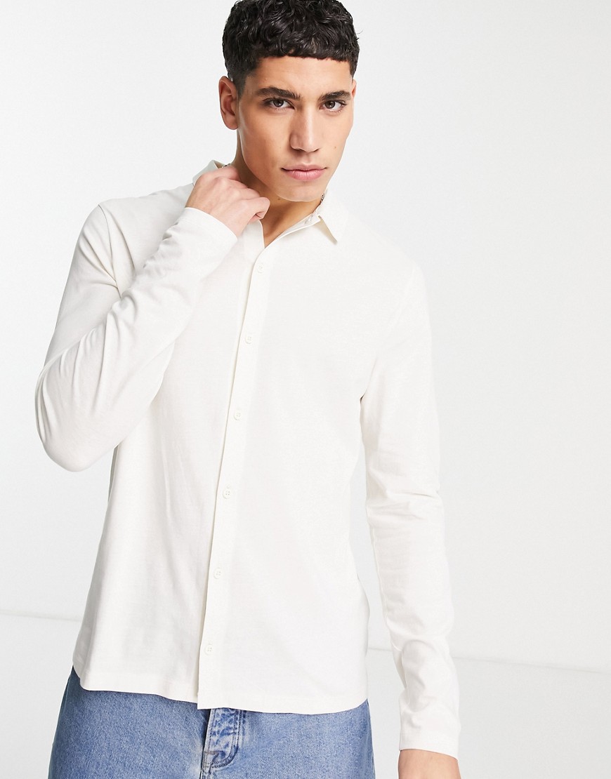 ASOS DESIGN long sleeve button through jersey shirt in cream-White