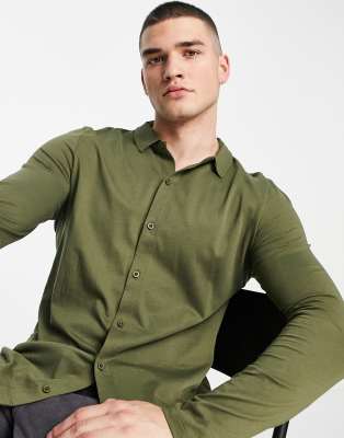 ASOS DESIGN long sleeve button through jersey shirt in khaki - ASOS Price Checker