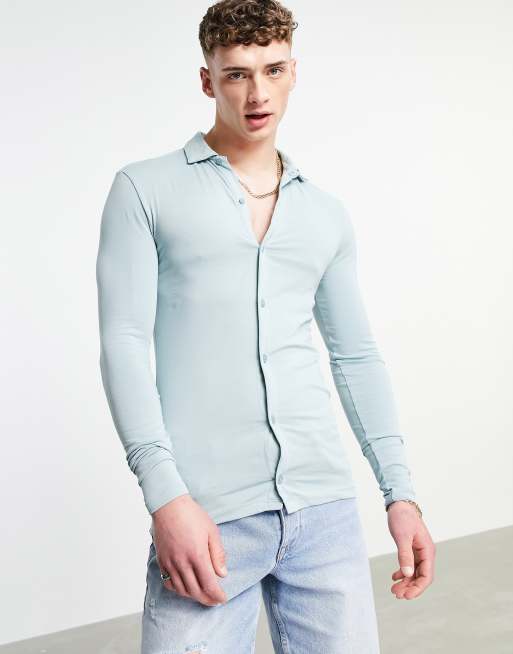 ASOS DESIGN long sleeve button through jersey shirt in light gray - GREY