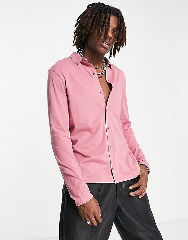 ASOS DESIGN - long sleeve button through jersey shirt in rose
