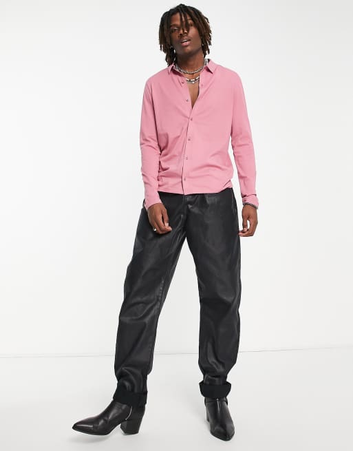 ASOS DESIGN long sleeve button through jersey shirt in rose | ASOS