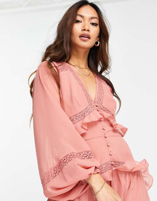 fitted lace wedding dress Long Sleeve Gauze Tiered Midi Dress main image 1