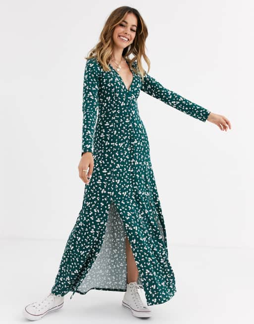 ASOS DESIGN long sleeve button through maxi tea dress with splits in ditsy print