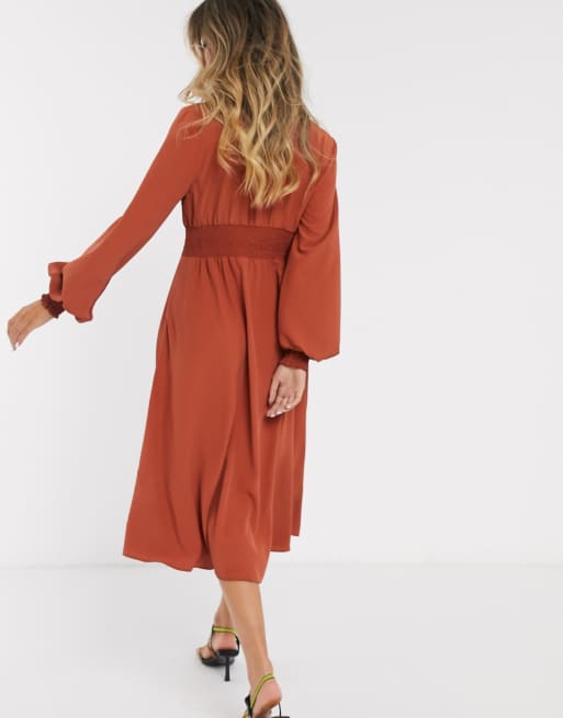 ASOS DESIGN long sleeve button through midi dress with shirred waist in rust