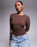 [ASOS DESIGN] ASOS DESIGN long sleeve button up top with ribbed waist and cuffs in chocolate-Brown XS Chocolate