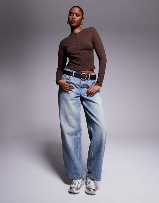 ASOS DESIGN long sleeve button up top with ribbed waist and cuffs in chocolate