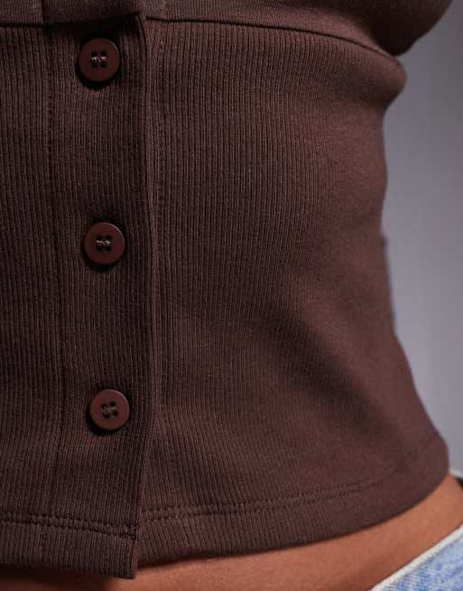 ASOS DESIGN long sleeve button up top with ribbed waist and cuffs in chocolate