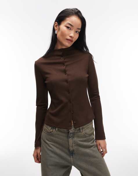 ASOS DESIGN long sleeve buttoned front top in chocolate