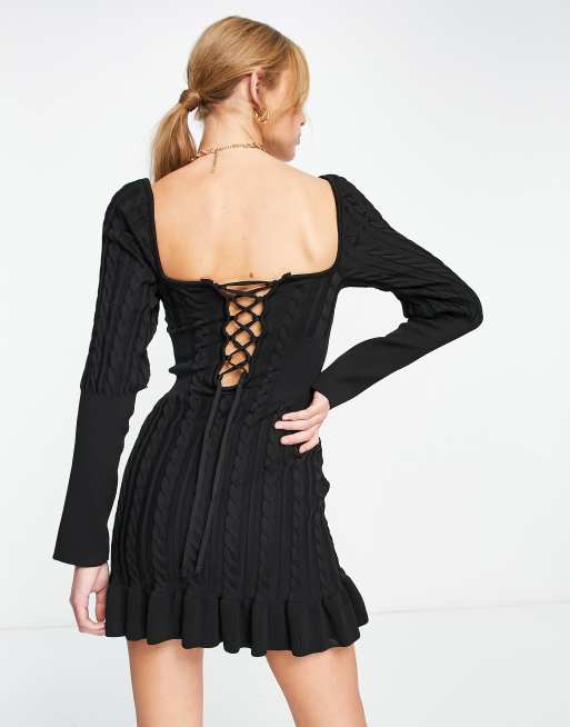 ASOS DESIGN long sleeve cable knit mini dress with frills and lacing | ASOS