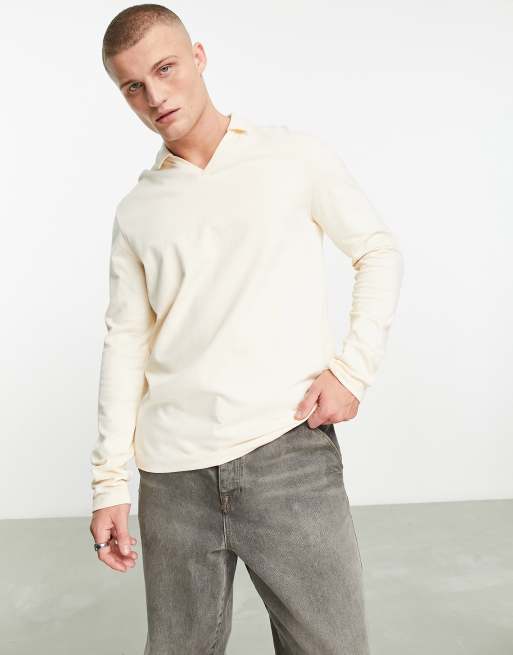 ASOS DESIGN long sleeve camp collar polo in ecru | ASOS