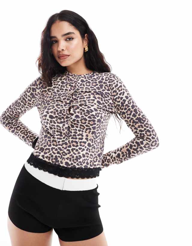 ASOS DESIGN - long sleeve cardigan in leopard print with black lace trim