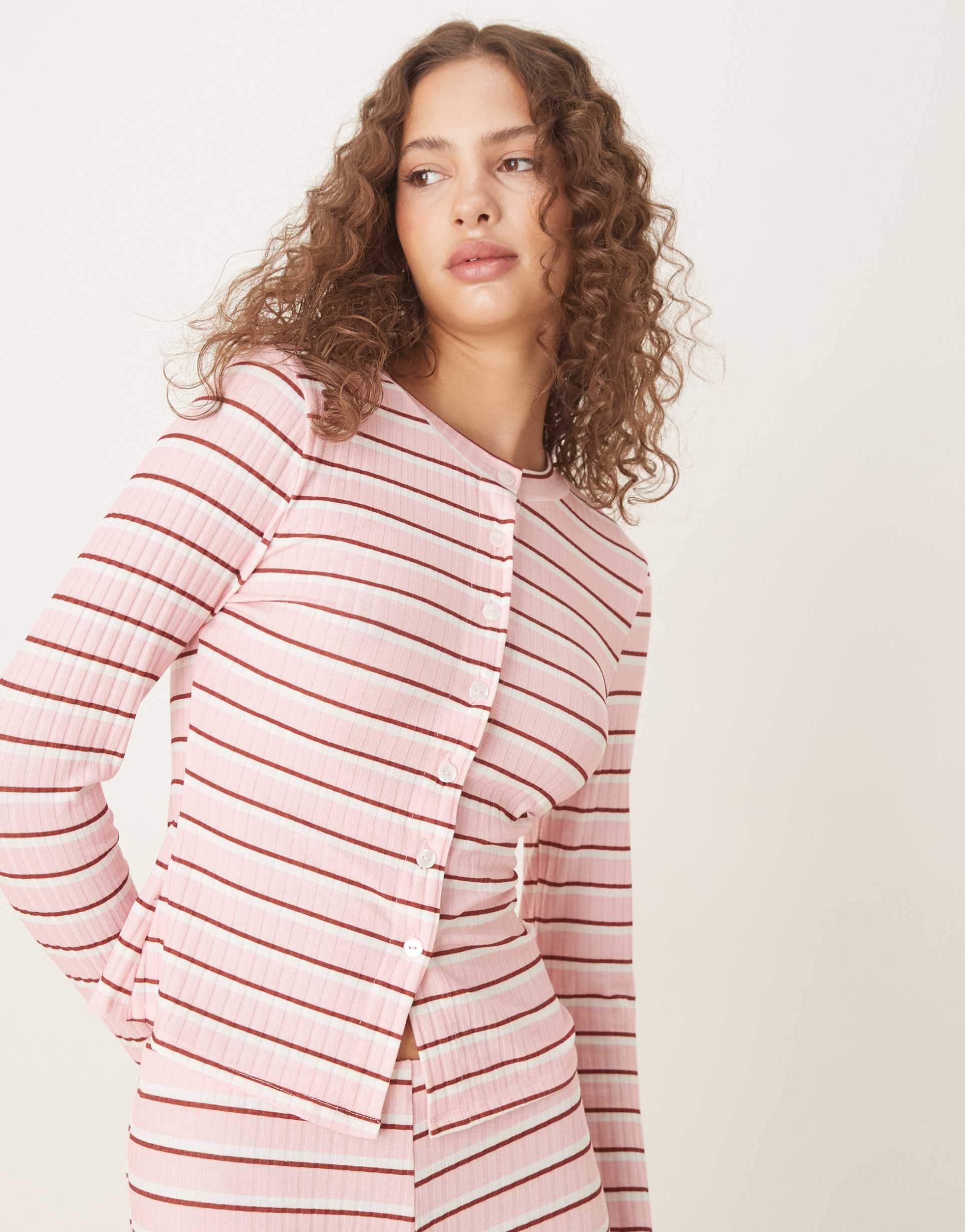 asos design long sleeve cardigan in pink stripes - part of a set