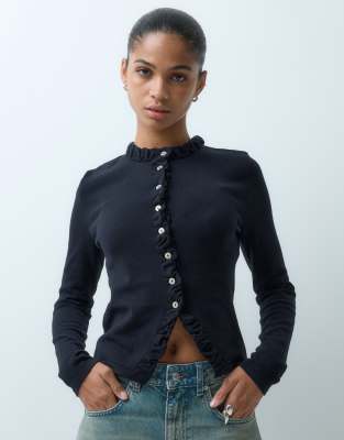 Asos Design Long Sleeve Cardigan With Frill Detail In Gray