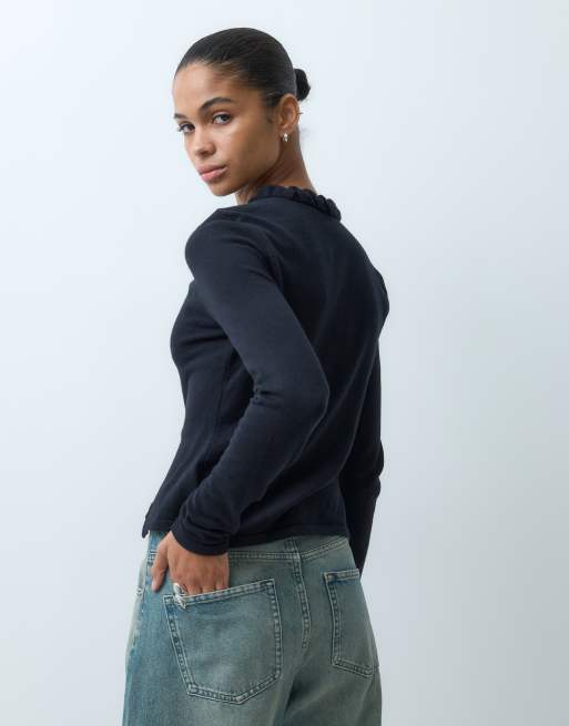 ASOS DESIGN long sleeve cardigan with frill detail in black, 3 of 5