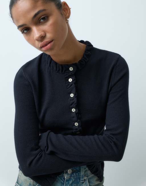 ASOS DESIGN long sleeve cardigan with frill detail in black, 5 of 5
