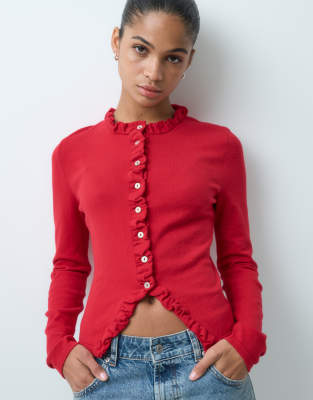 Asos Design Long Sleeve Cardigan With Frill Detail In Red