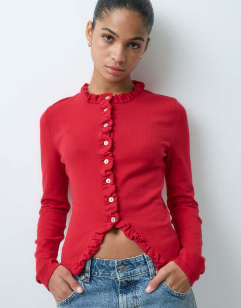 ASOS DESIGN long sleeve cardigan with frill detail in red - view 1