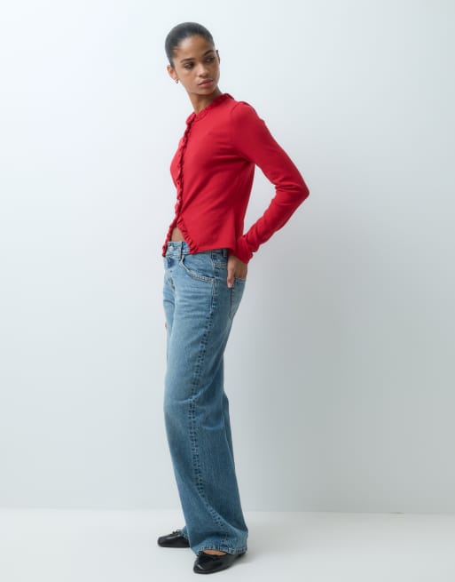 ASOS DESIGN long sleeve cardigan with frill detail in red, 2 of 5