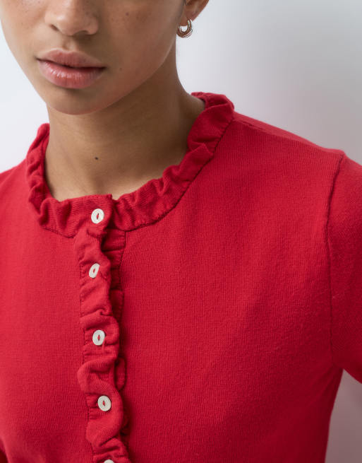ASOS DESIGN long sleeve cardigan with frill detail in red, 3 of 5