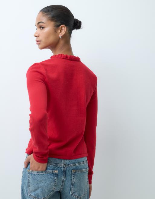 ASOS DESIGN long sleeve cardigan with frill detail in red, 4 of 5