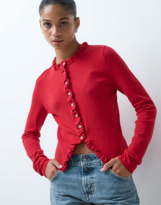 ASOS DESIGN long sleeve cardigan with frill detail in red, 5 of 5