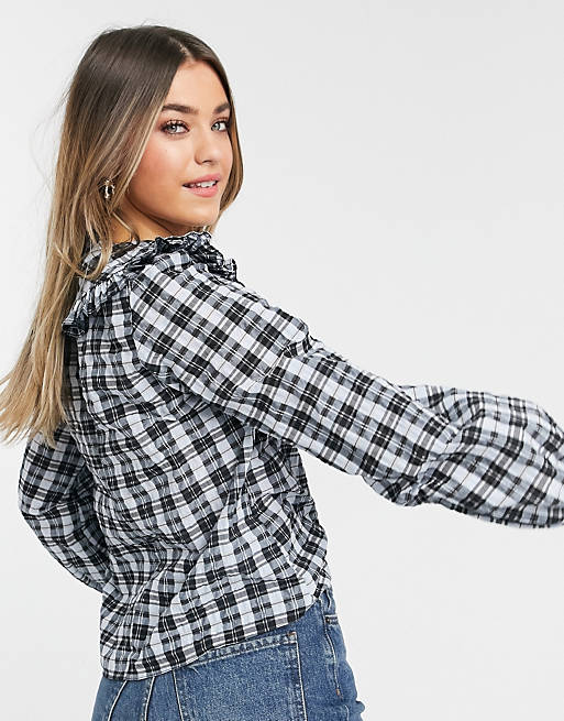 Tops long sleeve check blouse with ruffle neck 