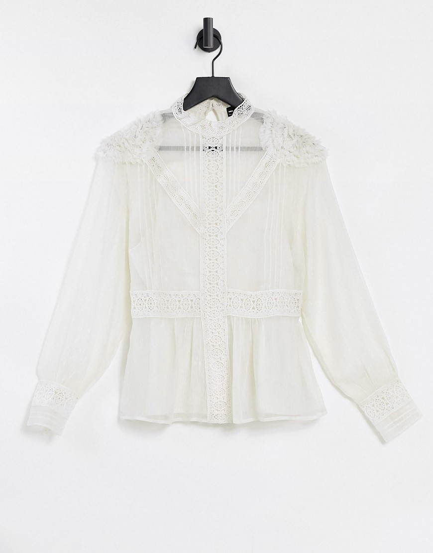 ASOS DESIGN long sleeve chiffon blouse with lace insert in ivory-White