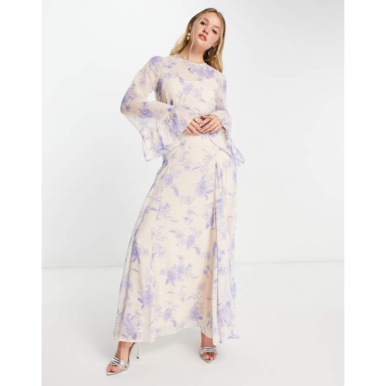 ASOS DESIGN long sleeve chiffon maxi dress with frill cuffs in floral print  | ASOS