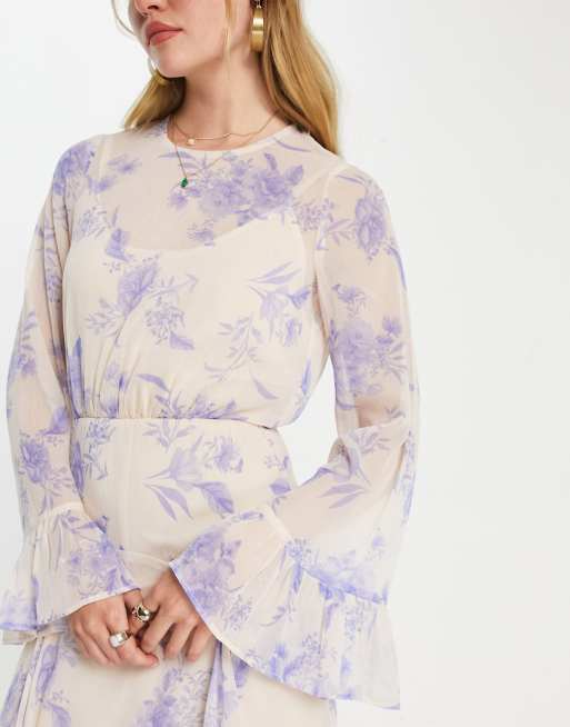 12th Tone - Bell-Sleeve Floral Maxi Chiffon Dress