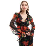 [ASOS DESIGN] ASOS DESIGN long sleeve chiffon ruffle tie top in floral print (part of a set)-Multi 8 floral