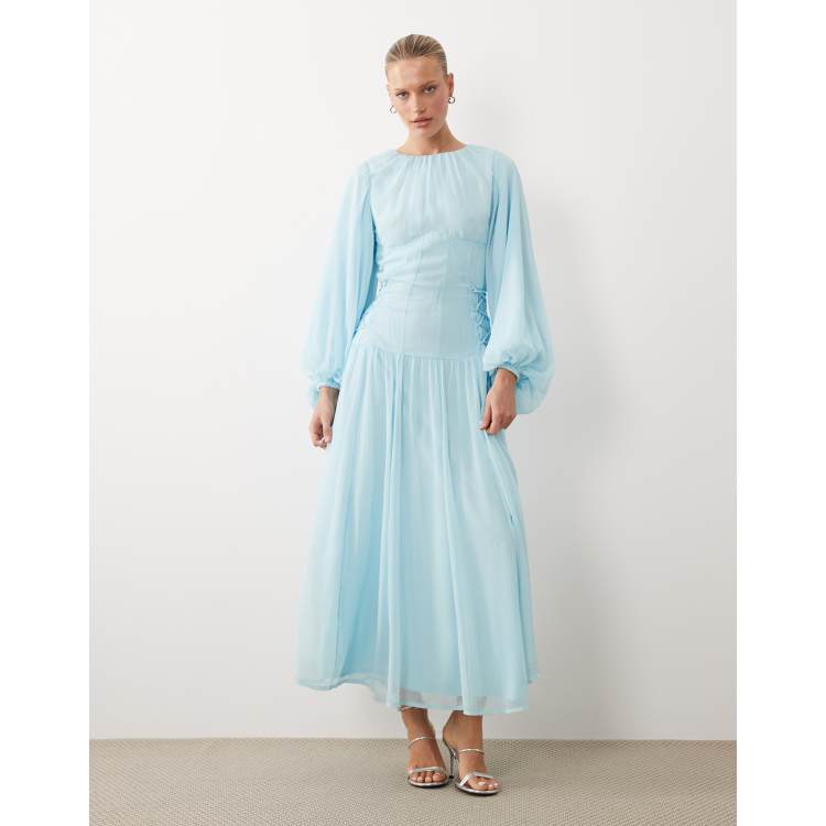 asos blue dress long sleeve DESIGN chiffon tie detail maxi in sky long sleeve silk dress