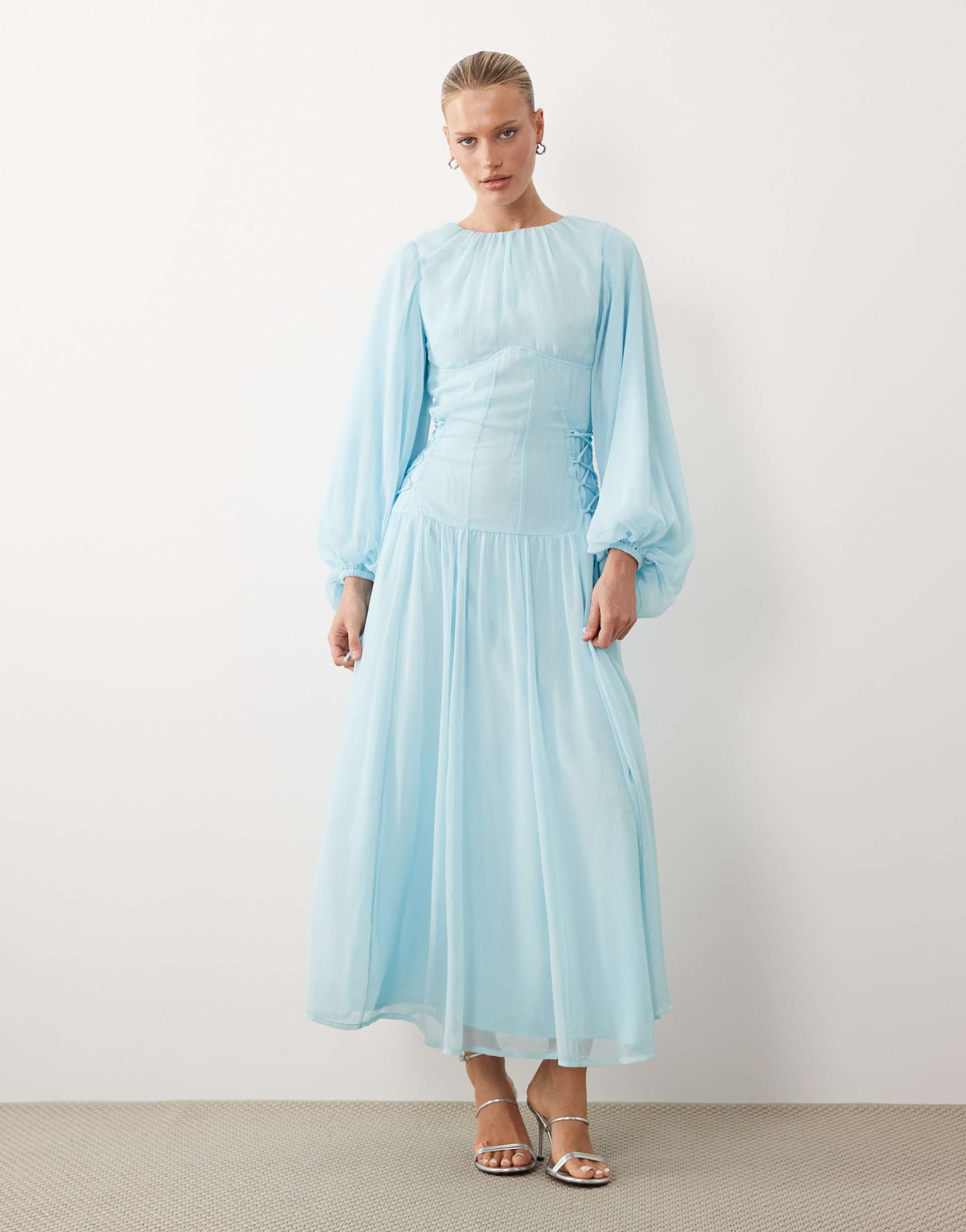 asos design long sleeve chiffon tie detail maxi dress in sky blue
