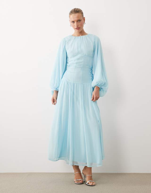 light blue long sleeve chiffon dress ASOS DESIGN tie detail maxi in sky Size:UK 16 (XL)