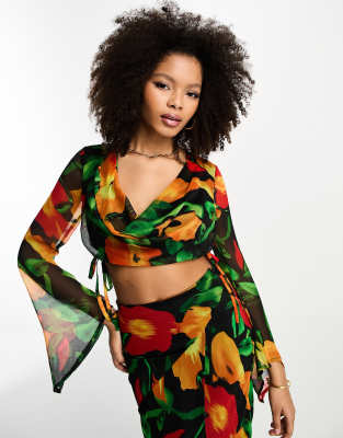 ASOS DESIGN long sleeve chiffon top with cowl neck co-ord in blurred floral print