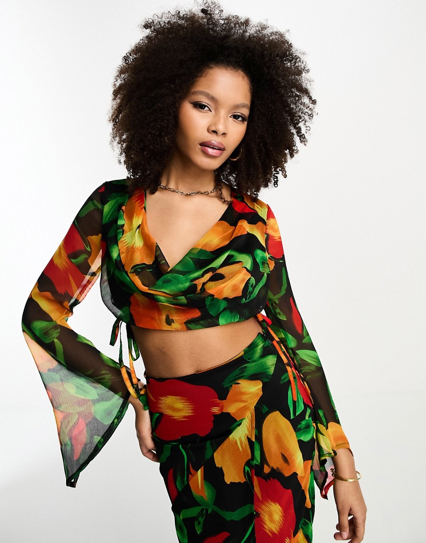 ASOS DESIGN long sleeve chiffon top with cowl neck co-ord in blurred floral print-Multi
