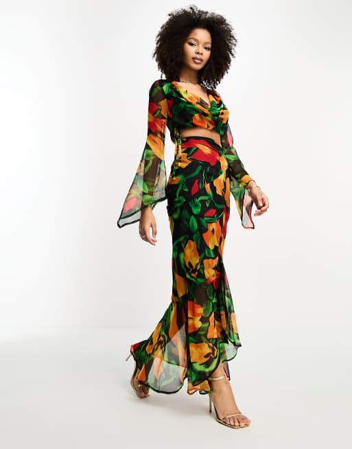 ASOS DESIGN long sleeve chiffon top with cowl neck co ord in blurred floral print