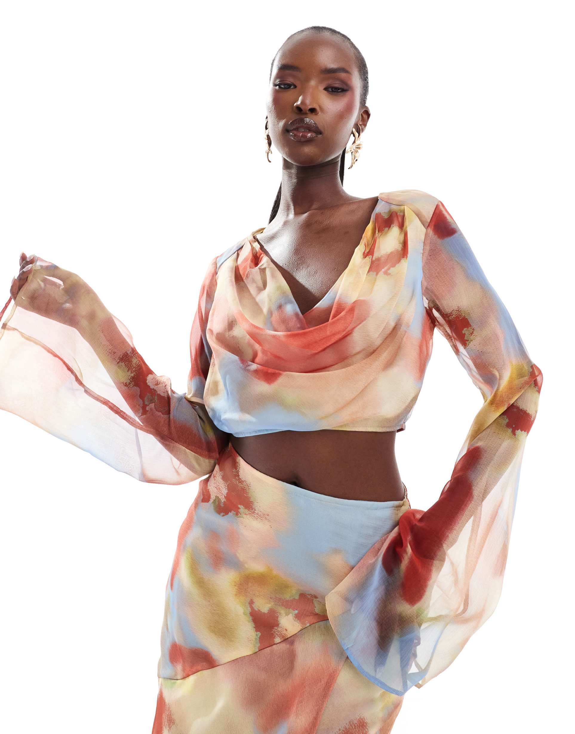 asos design long sleeve chiffon with cowl neck in blurred print - part of a set