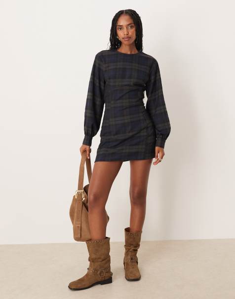 ASOS DESIGN long sleeve cinched mini dress in blue check - view 1