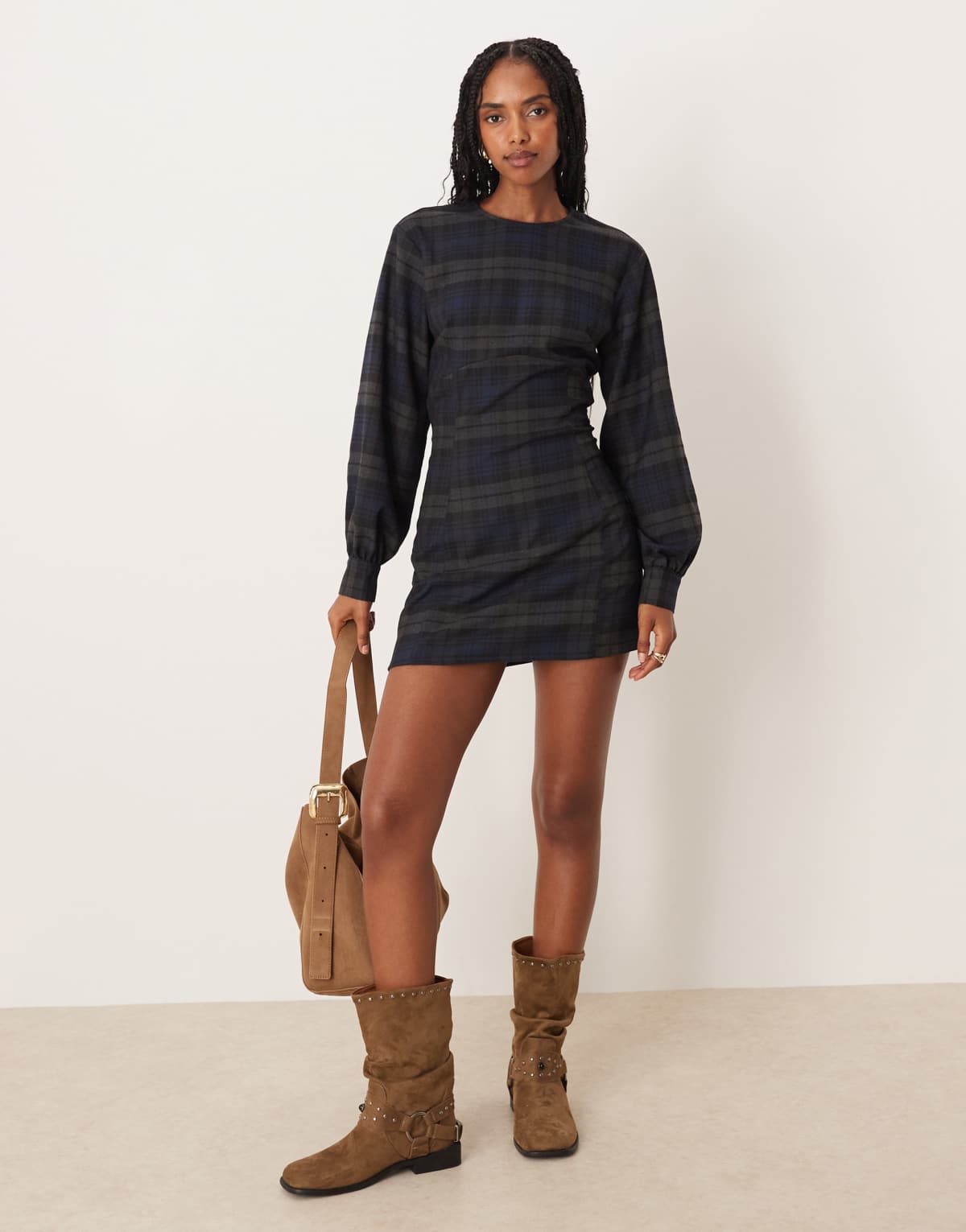 ASOS DESIGN long sleeve cinched mini dress in blue check