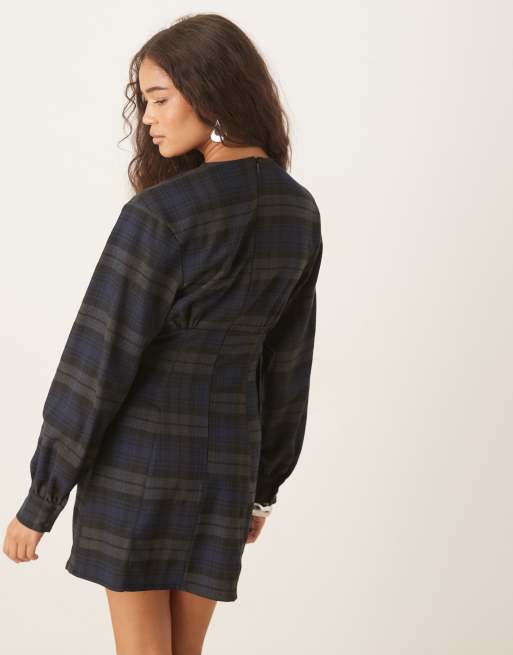 ASOS DESIGN long sleeve cinched mini dress in blue check, 3 of 4