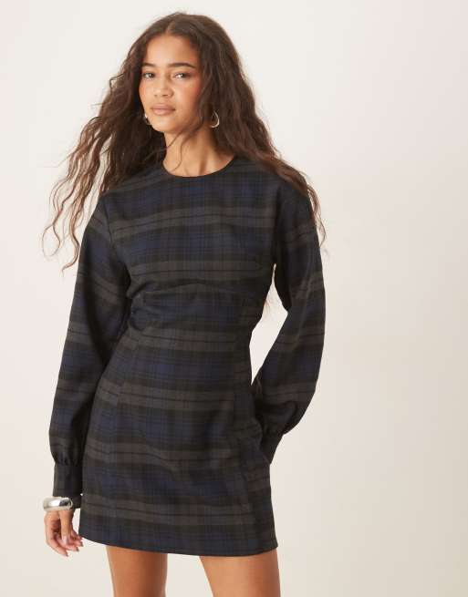 ASOS DESIGN long sleeve cinched mini dress in blue check, 4 of 4