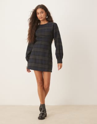 ASOS DESIGN long sleeve cinched mini dress in blue plaid-Multi