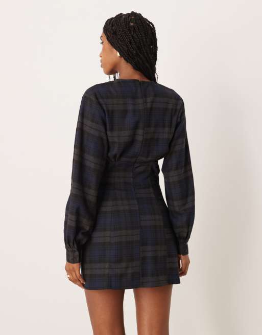 ASOS DESIGN long sleeve cinched mini dress in blue plaid